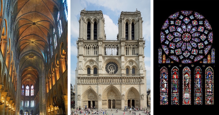 An inside dim lighted picture of a church; colorful mirror work in the church; an outside picture of a white colored church building