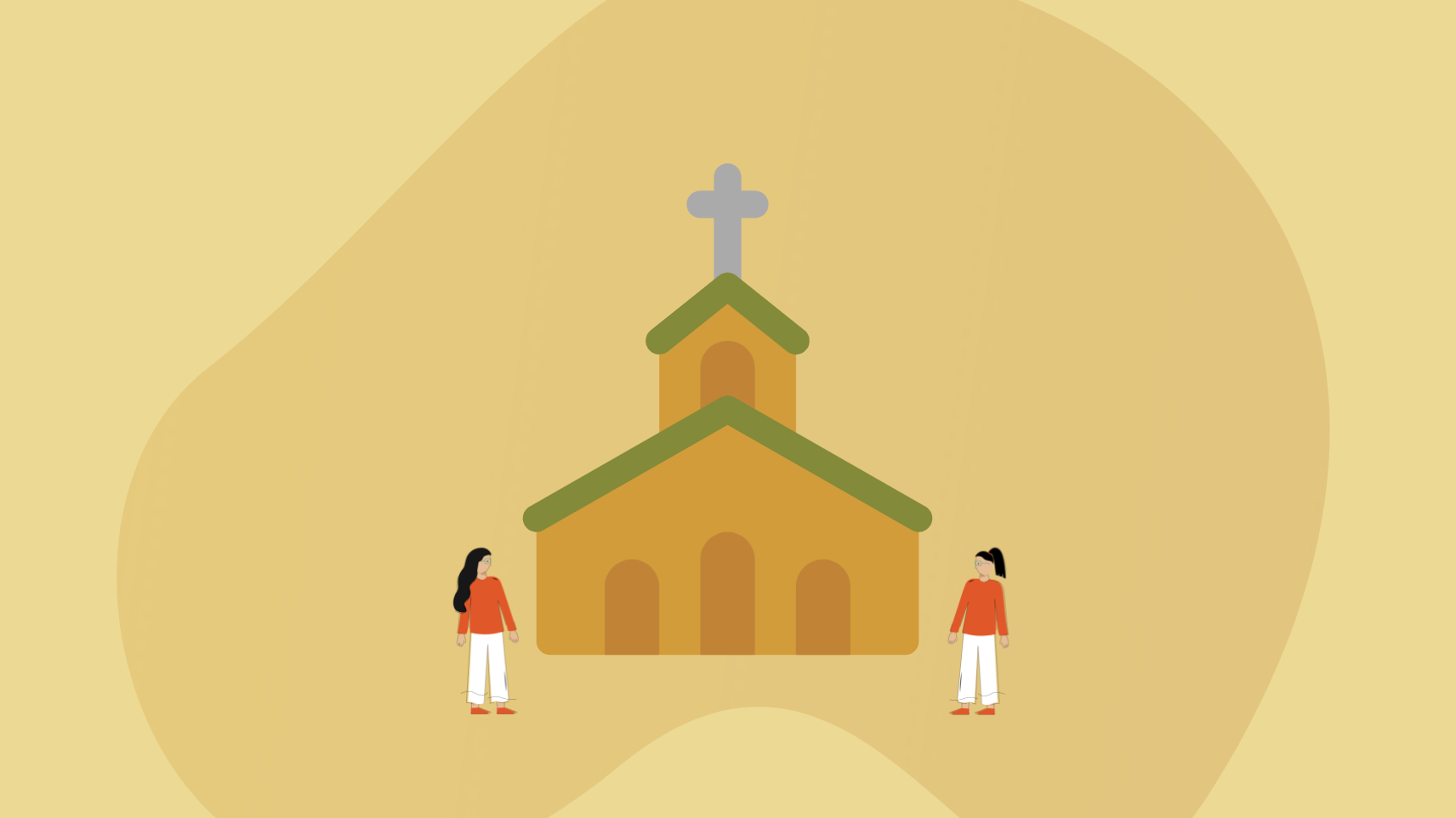 An digital art illustration of two ladies and a brown colored church on a light brown-skin background